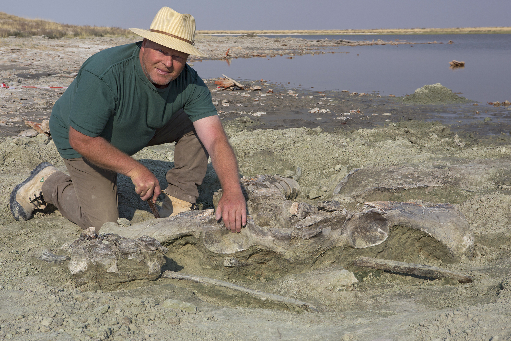 Dick Mol bij de opgavring van een oer-mammoet in Namibië.